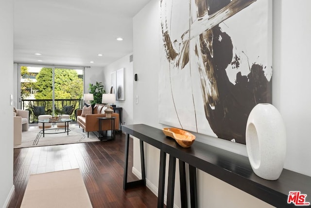 corridor with dark hardwood / wood-style floors and floor to ceiling windows