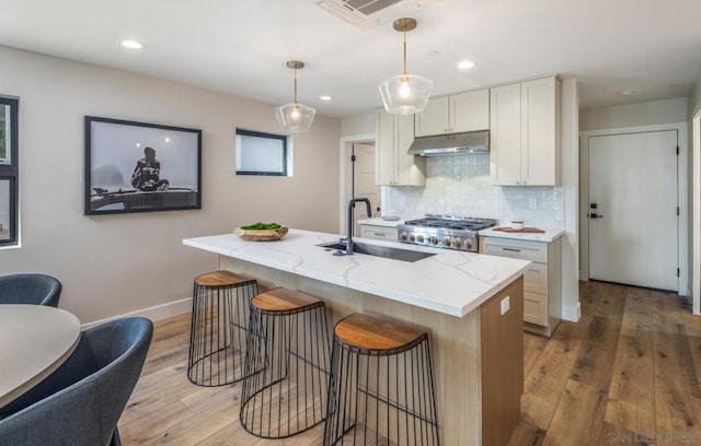 kitchen with decorative light fixtures, tasteful backsplash, sink, white cabinetry, and an island with sink