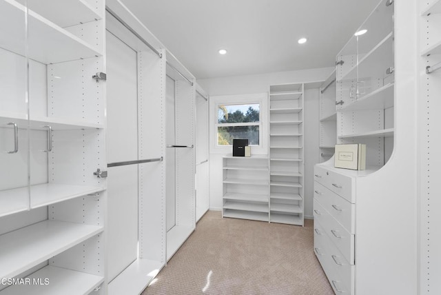 walk in closet with light carpet