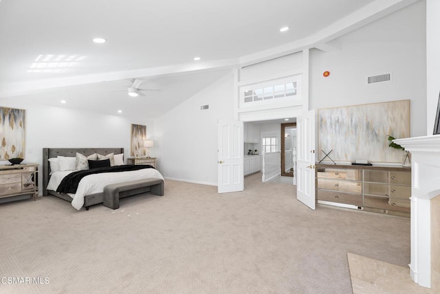 carpeted bedroom featuring beamed ceiling, high vaulted ceiling, and ceiling fan