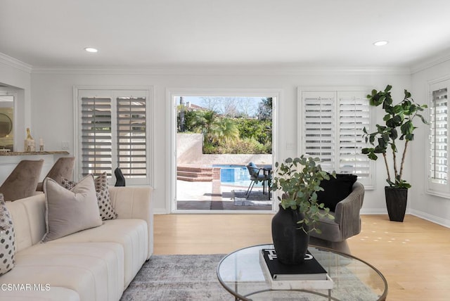 living room with plenty of natural light, light hardwood / wood-style flooring, and ornamental molding