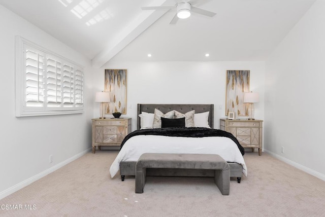 bedroom featuring ceiling fan, light colored carpet, and vaulted ceiling with beams