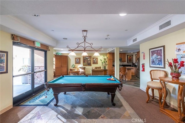 playroom featuring crown molding, carpet, a tray ceiling, and billiards