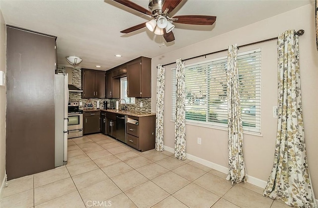 kitchen with stainless steel range with electric cooktop, ceiling fan, black dishwasher, decorative backsplash, and dark brown cabinetry