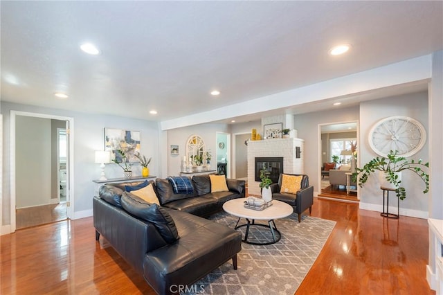 living room with a fireplace and wood-type flooring