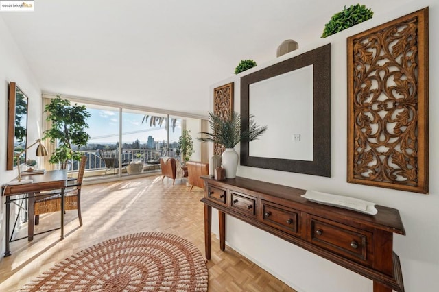 hallway with expansive windows and light parquet floors