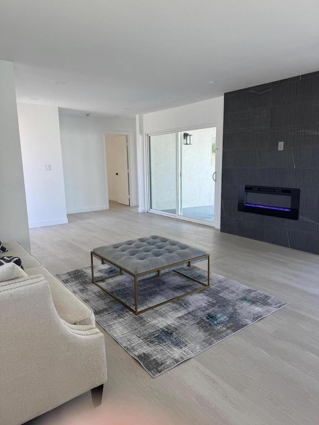 living room featuring light hardwood / wood-style floors and a large fireplace