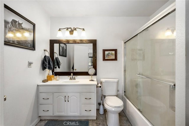 full bathroom with toilet, combined bath / shower with glass door, tile patterned flooring, and vanity