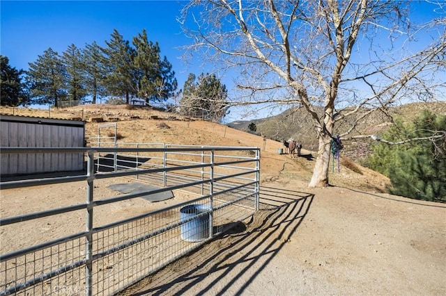 view of yard featuring a mountain view and an outdoor structure