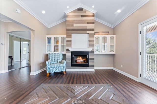 unfurnished room featuring lofted ceiling, dark wood-type flooring, a multi sided fireplace, and ornamental molding