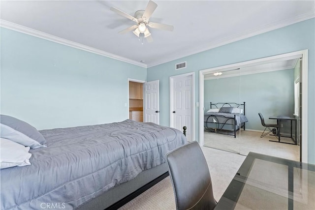 bedroom with ceiling fan, ornamental molding, and light carpet