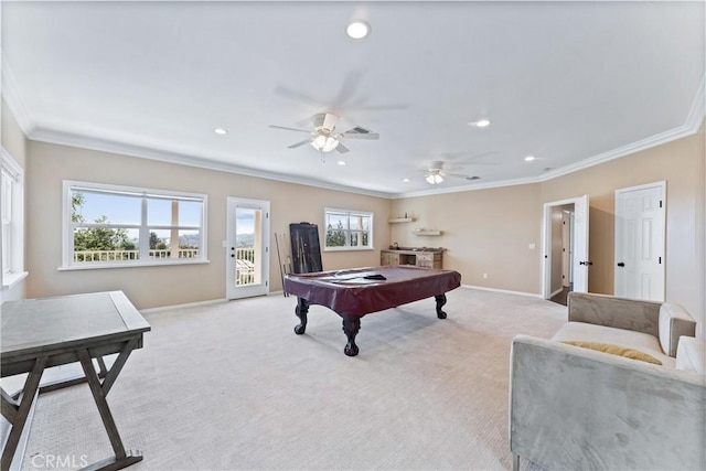 recreation room with ceiling fan, crown molding, billiards, and light carpet