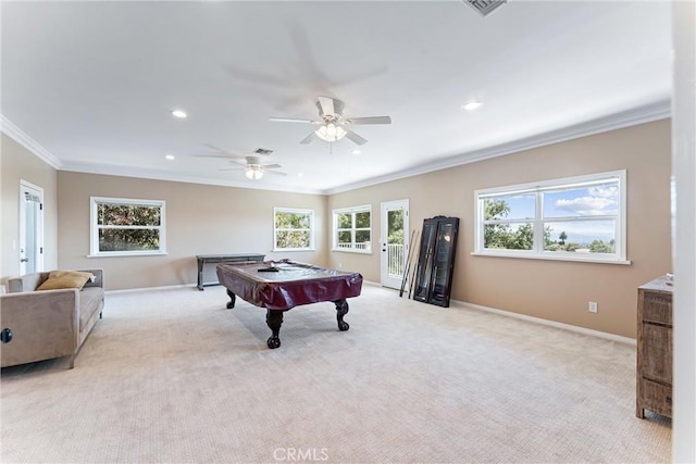 rec room with light carpet, billiards, ceiling fan, and ornamental molding