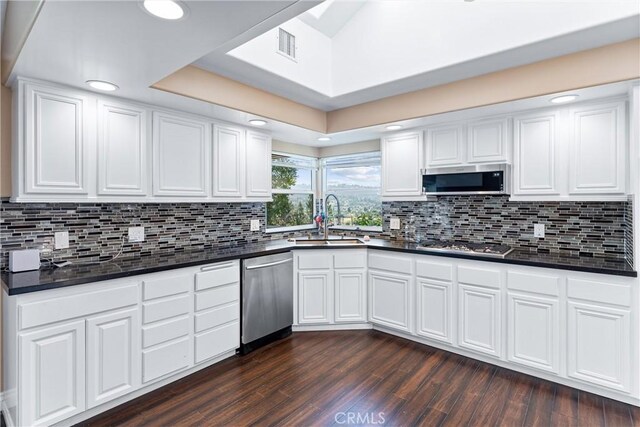 kitchen with sink, a tray ceiling, white cabinetry, dark wood-type flooring, and appliances with stainless steel finishes