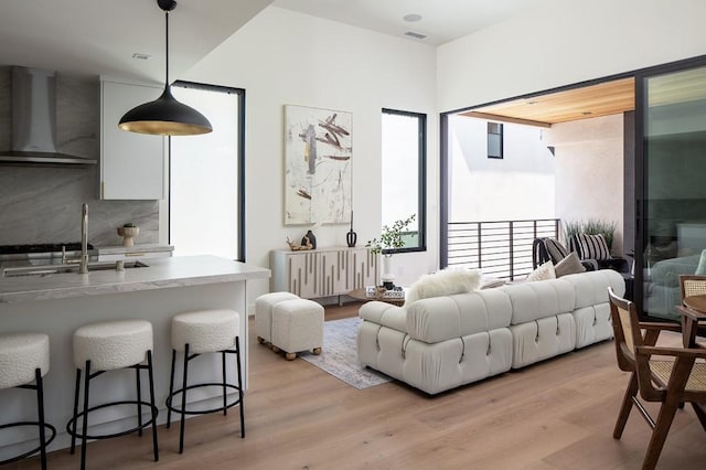 living room featuring sink and light hardwood / wood-style floors