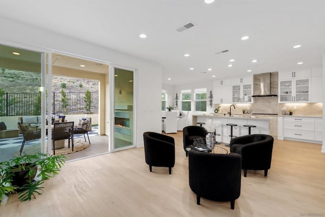 living room featuring light hardwood / wood-style floors, sink, and a fireplace