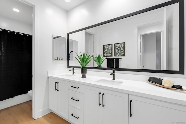 bathroom with toilet, hardwood / wood-style floors, and vanity