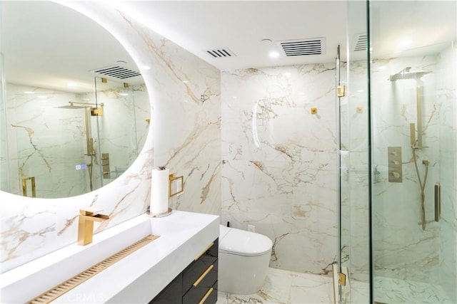 bathroom featuring a shower with shower door, toilet, and vanity