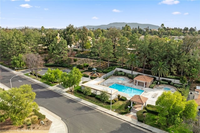 birds eye view of property featuring a mountain view