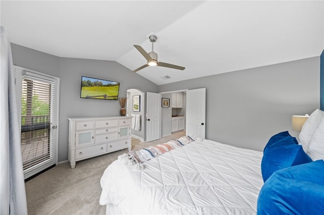 bedroom with ceiling fan, light carpet, access to exterior, and lofted ceiling