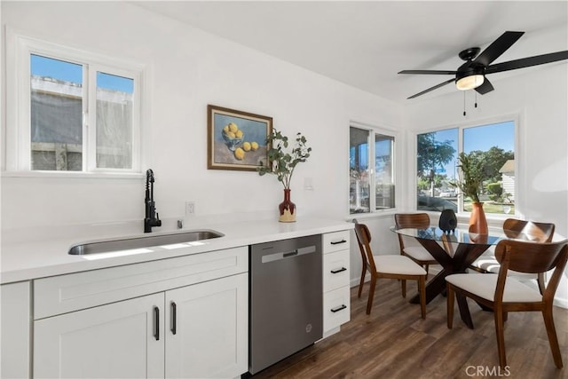 kitchen featuring dishwasher, white cabinetry, sink, plenty of natural light, and dark hardwood / wood-style floors