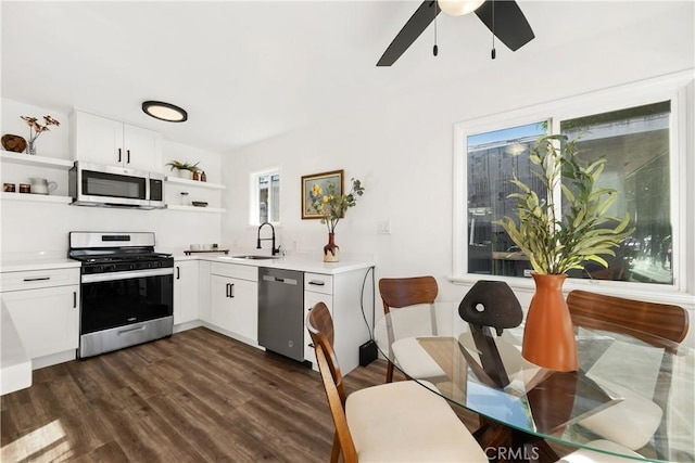 kitchen with white cabinets, dark wood-type flooring, sink, and stainless steel appliances