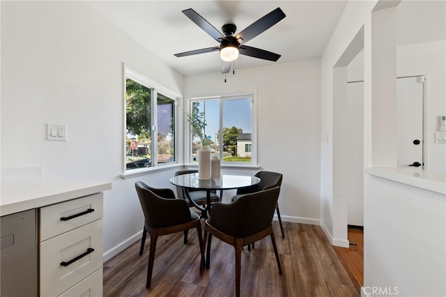 5536 Linden Ave, Long Beach, CA 90805 - dining area featuring a ceiling fan, baseboards, and dark wood-style floors