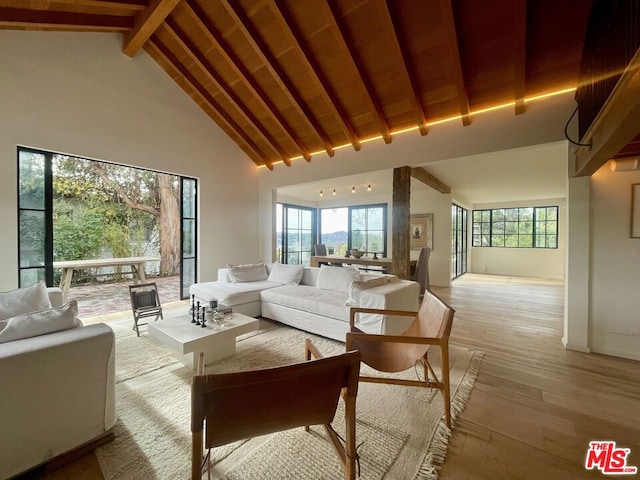 living room with high vaulted ceiling, wooden ceiling, light hardwood / wood-style flooring, and beam ceiling