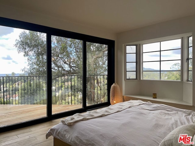 bedroom with light hardwood / wood-style floors and access to exterior