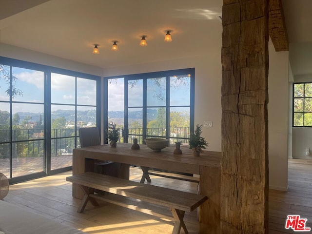 dining space with light hardwood / wood-style floors