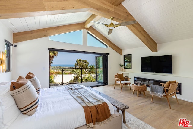 bedroom with wood ceiling, access to exterior, lofted ceiling with beams, light wood-type flooring, and ceiling fan