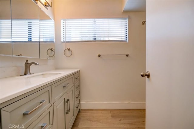 bathroom with wood-type flooring and vanity