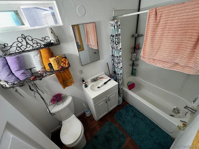 full bathroom featuring toilet, parquet floors, shower / bath combo, and vanity