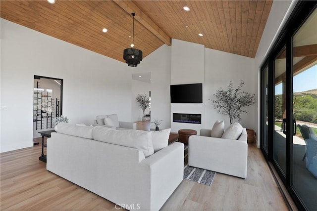 living room featuring high vaulted ceiling, beamed ceiling, wood ceiling, and light wood-type flooring