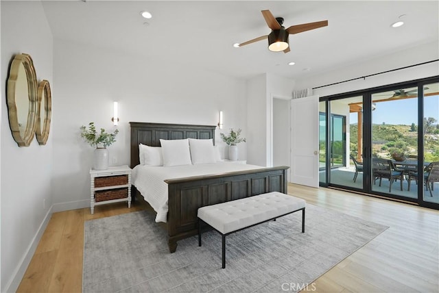 bedroom featuring ceiling fan, access to exterior, and light wood-type flooring