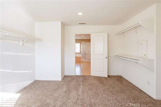 walk in closet featuring carpet flooring