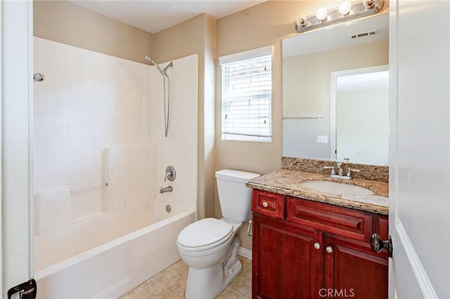 full bathroom with toilet, vanity, and shower / bathtub combination