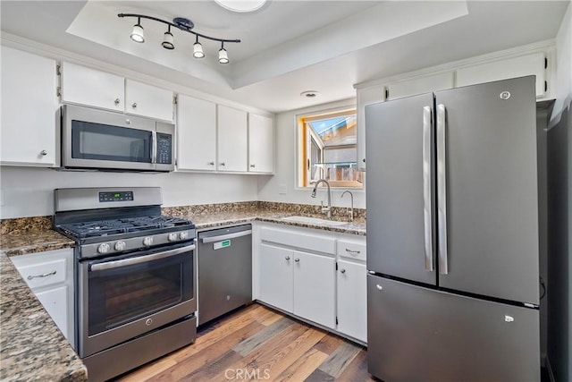 kitchen featuring appliances with stainless steel finishes, white cabinets, a raised ceiling, and sink