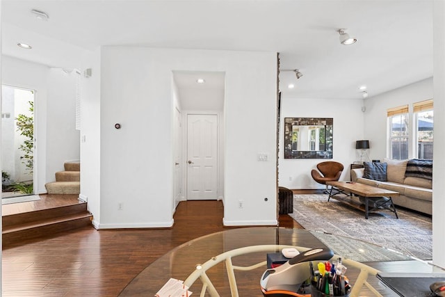 living room featuring dark wood-type flooring