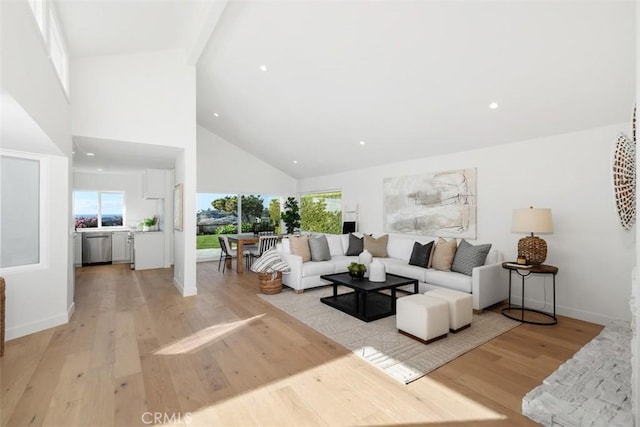 living room with high vaulted ceiling and light hardwood / wood-style floors