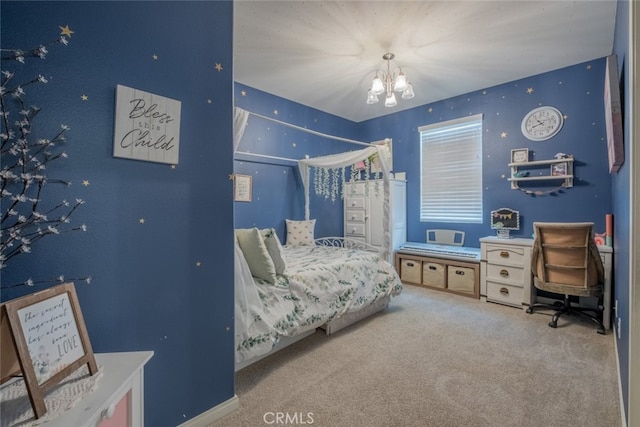 bedroom featuring a notable chandelier and carpet flooring