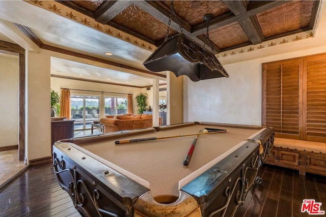 rec room with dark hardwood / wood-style flooring, crown molding, coffered ceiling, and billiards