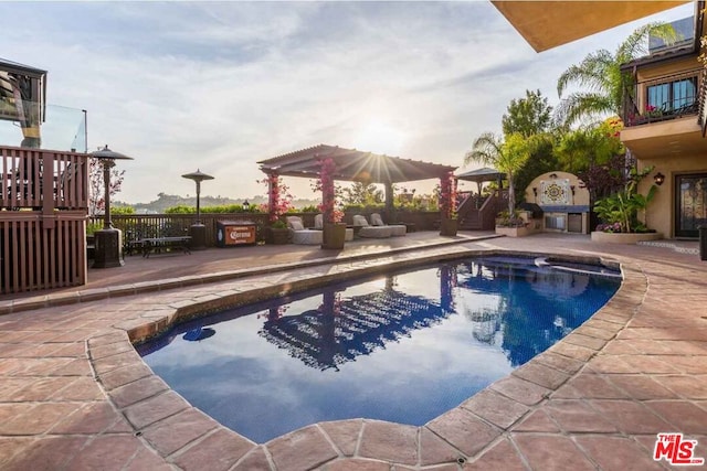 pool at dusk with cooling unit and a patio