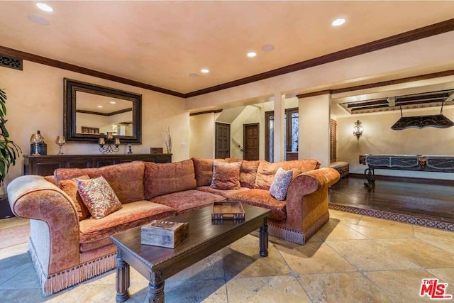 living room with crown molding