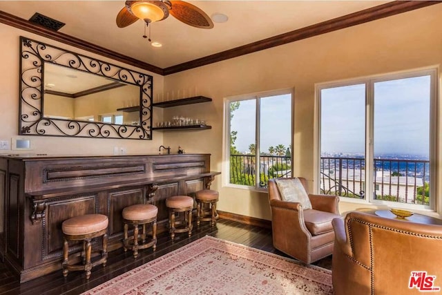 bar with hardwood / wood-style floors, ceiling fan, a healthy amount of sunlight, crown molding, and a water view