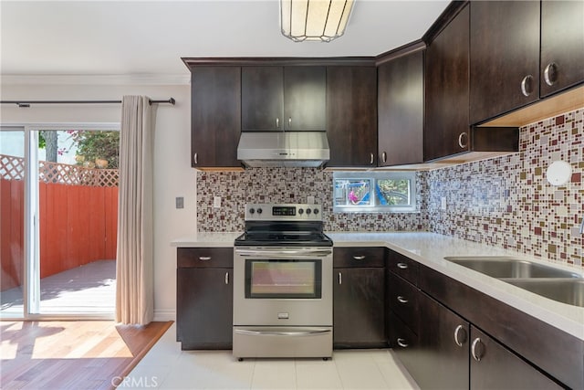 kitchen featuring dark brown cabinetry, tasteful backsplash, exhaust hood, and stainless steel range with electric cooktop