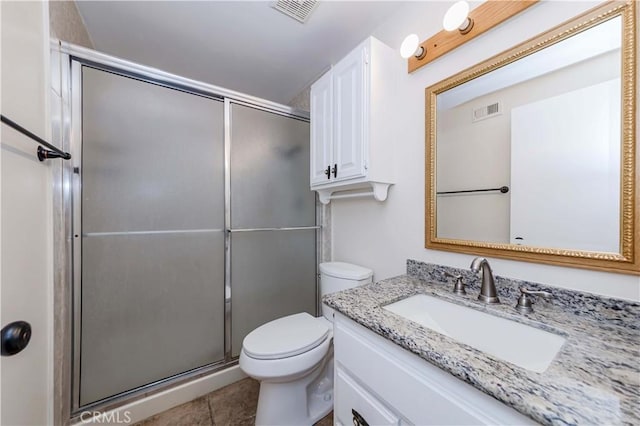 full bathroom with toilet, a shower with door, and visible vents