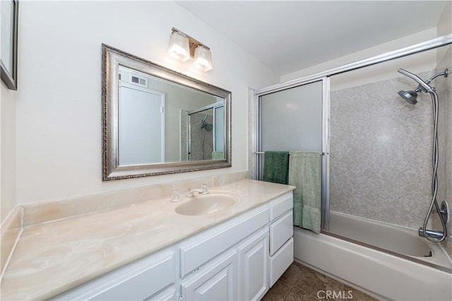 full bath featuring shower / bathing tub combination, tile patterned flooring, and vanity