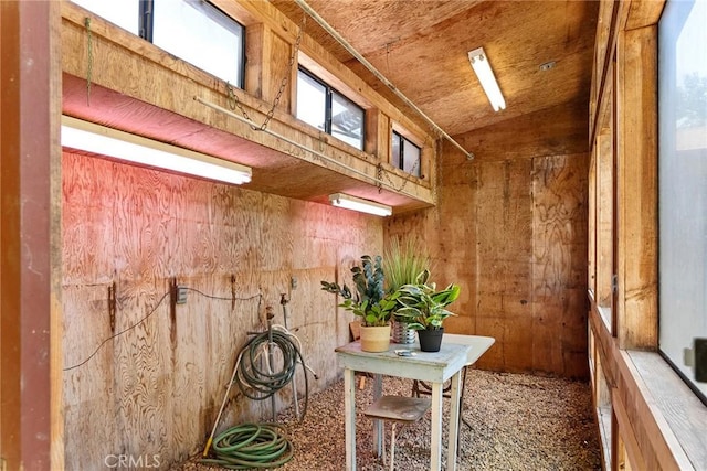 interior space featuring lofted ceiling and wood walls