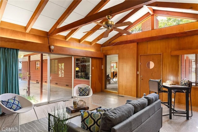 living room featuring high vaulted ceiling, beam ceiling, and wood walls